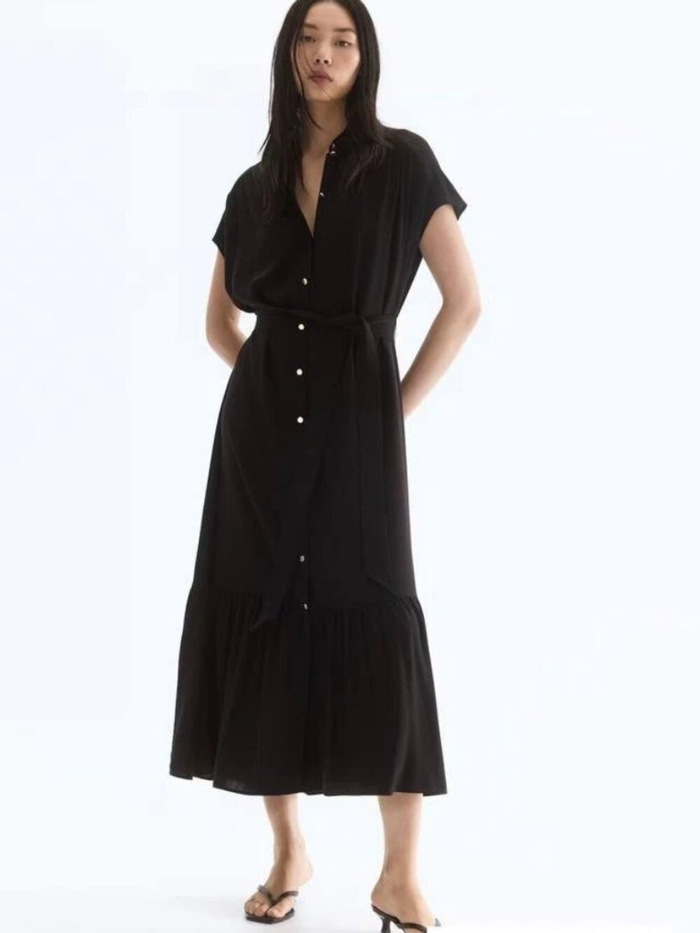 H&M Women's Tie-Belt Dress Maxi Midi Black Size S